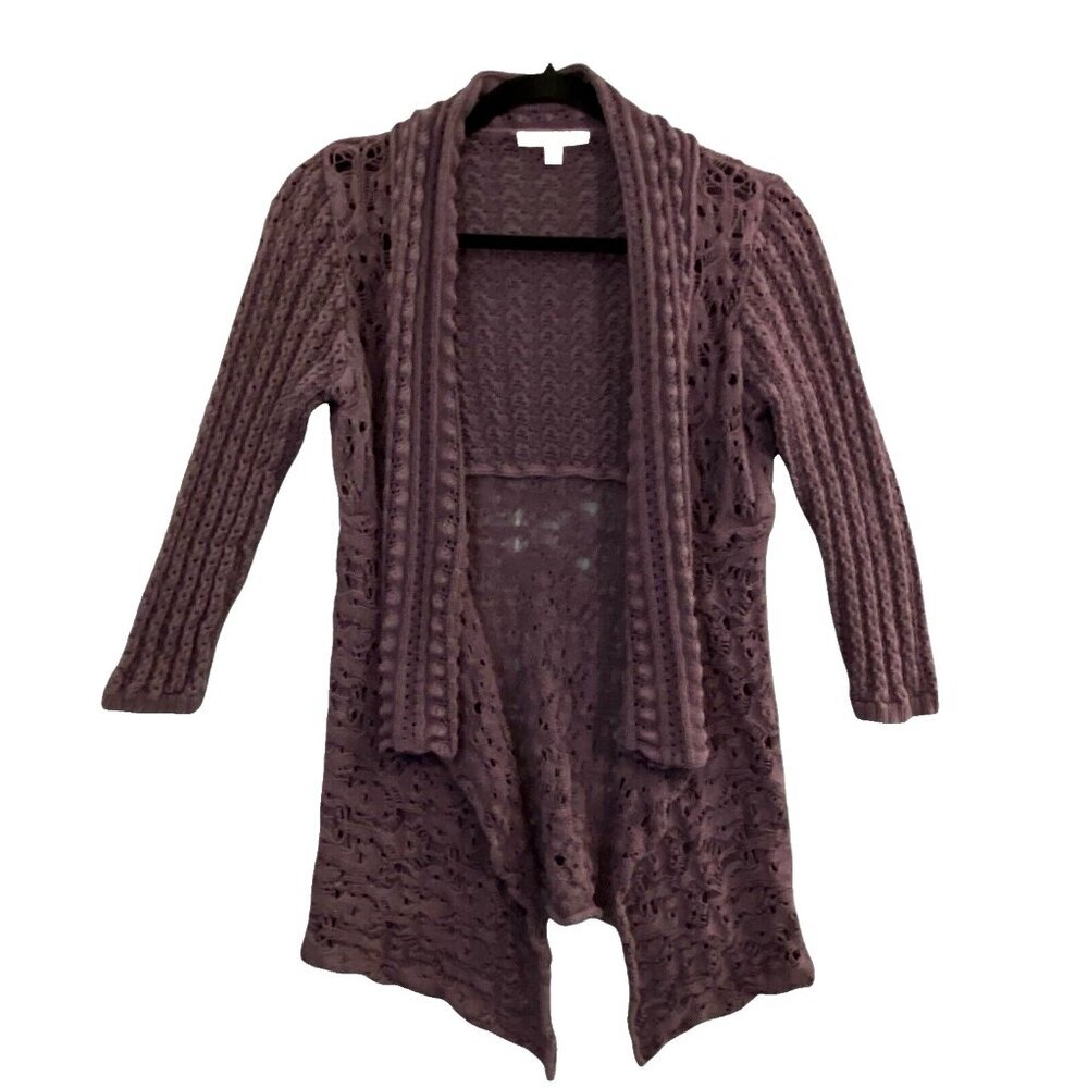 CABI Women Sweater Waterfall Open Front Crochet Cardigan Sz M‎ Purple 79-32